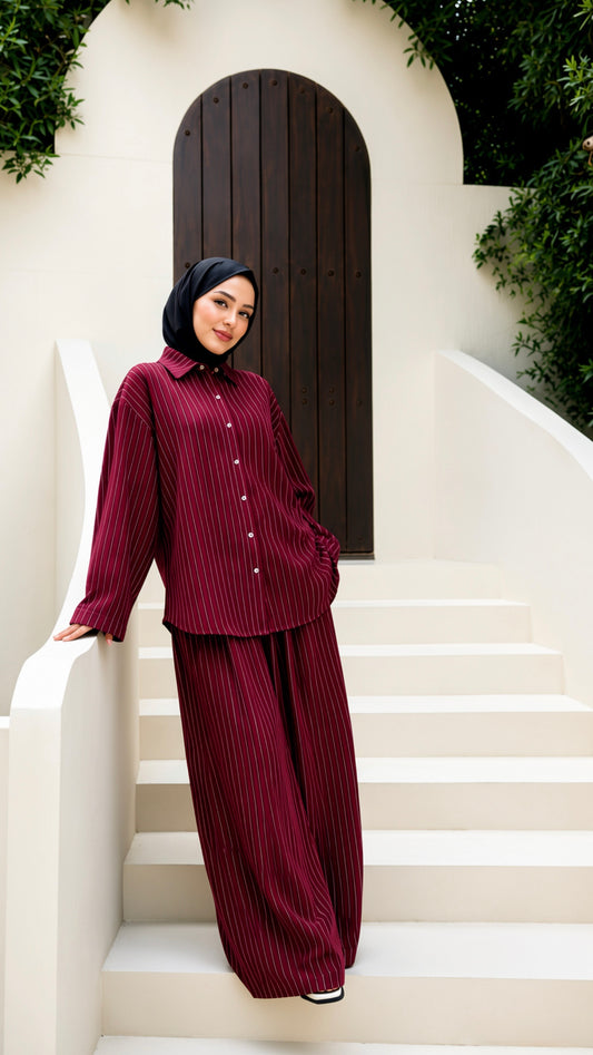 Striped Linen set - BURGUNDY